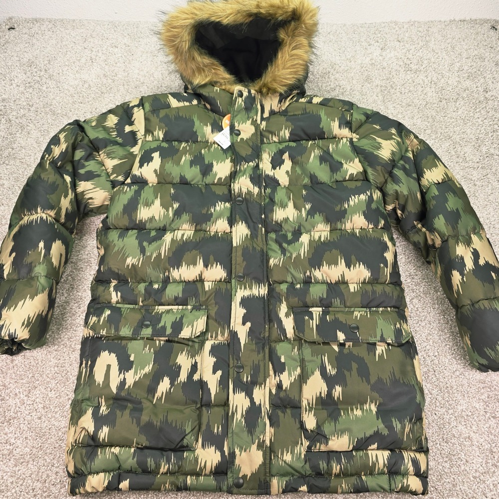 NEW Childrens Place Kids XXL 16 Camo Puffer Parka Faux Fur Hood Water Resistant